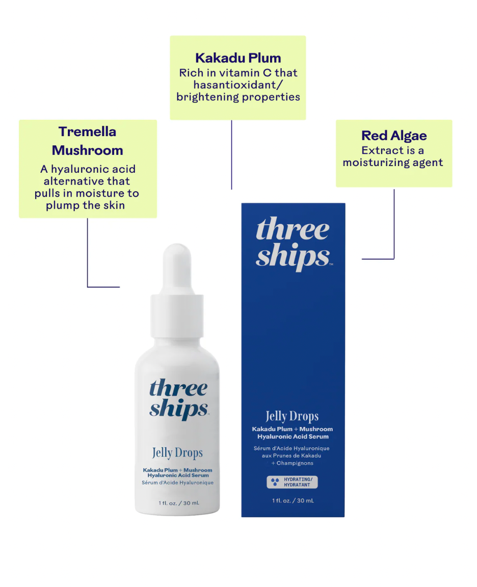 Sérum à l'acide hyaluronique Three Ships Jelly Drops™ à la prune de Kakadu et aux champignons (acide hyaluronique + vitamine C)